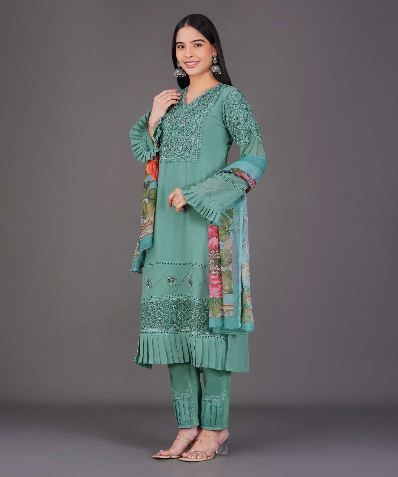 Rust & Olive Embroidered Kurta Set