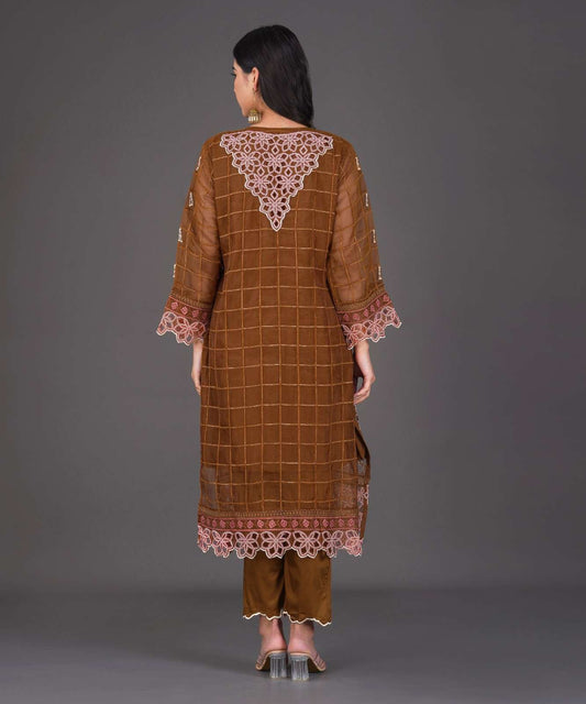 Rust Brown Embroidered Kurta Set