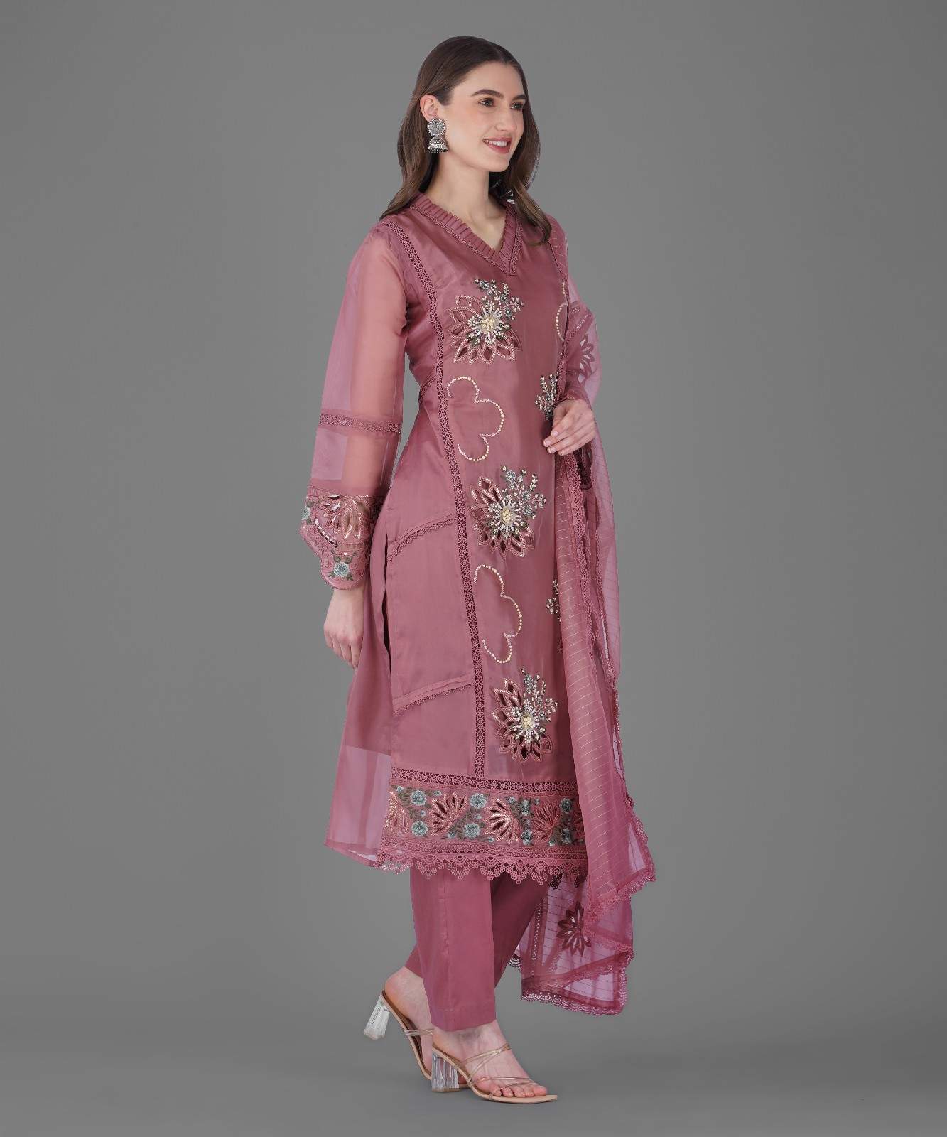 Dusty Rose Embroidered Kurta Set with Dupatta