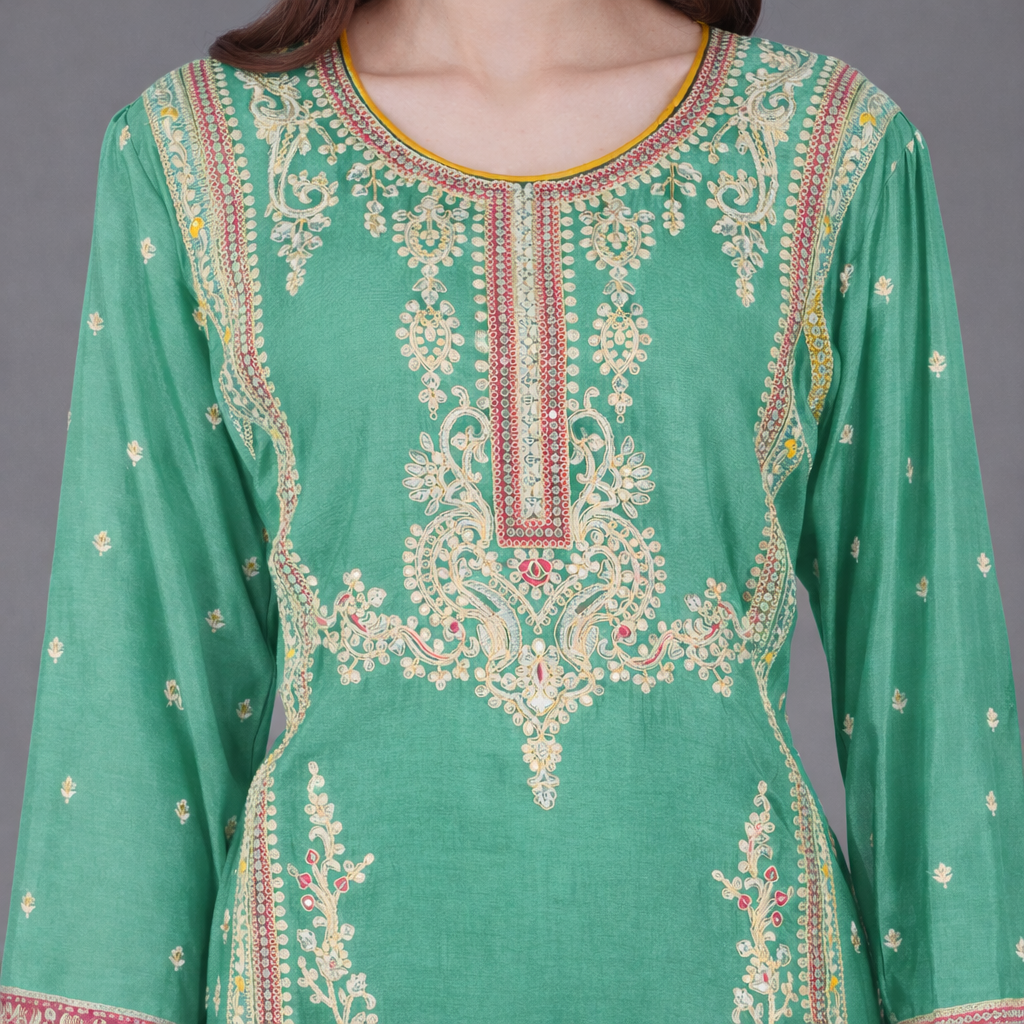 Aqua Green Embroidered kurta Set with Dupatta