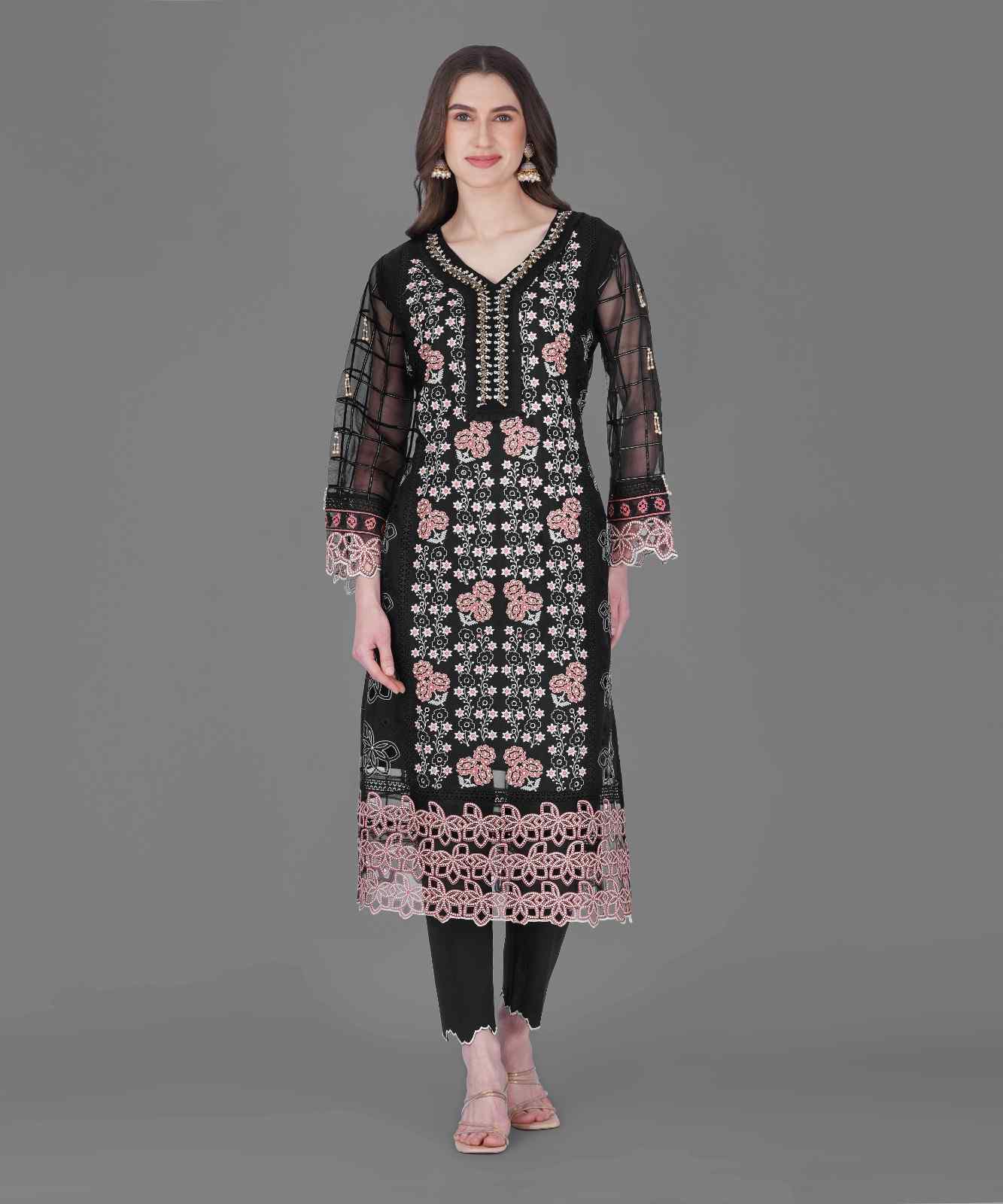 Black Floral Embroidered Kurta Set
