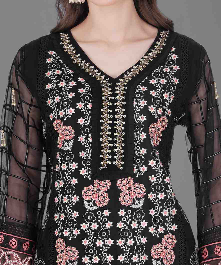 Black Floral Embroidered Kurta Set