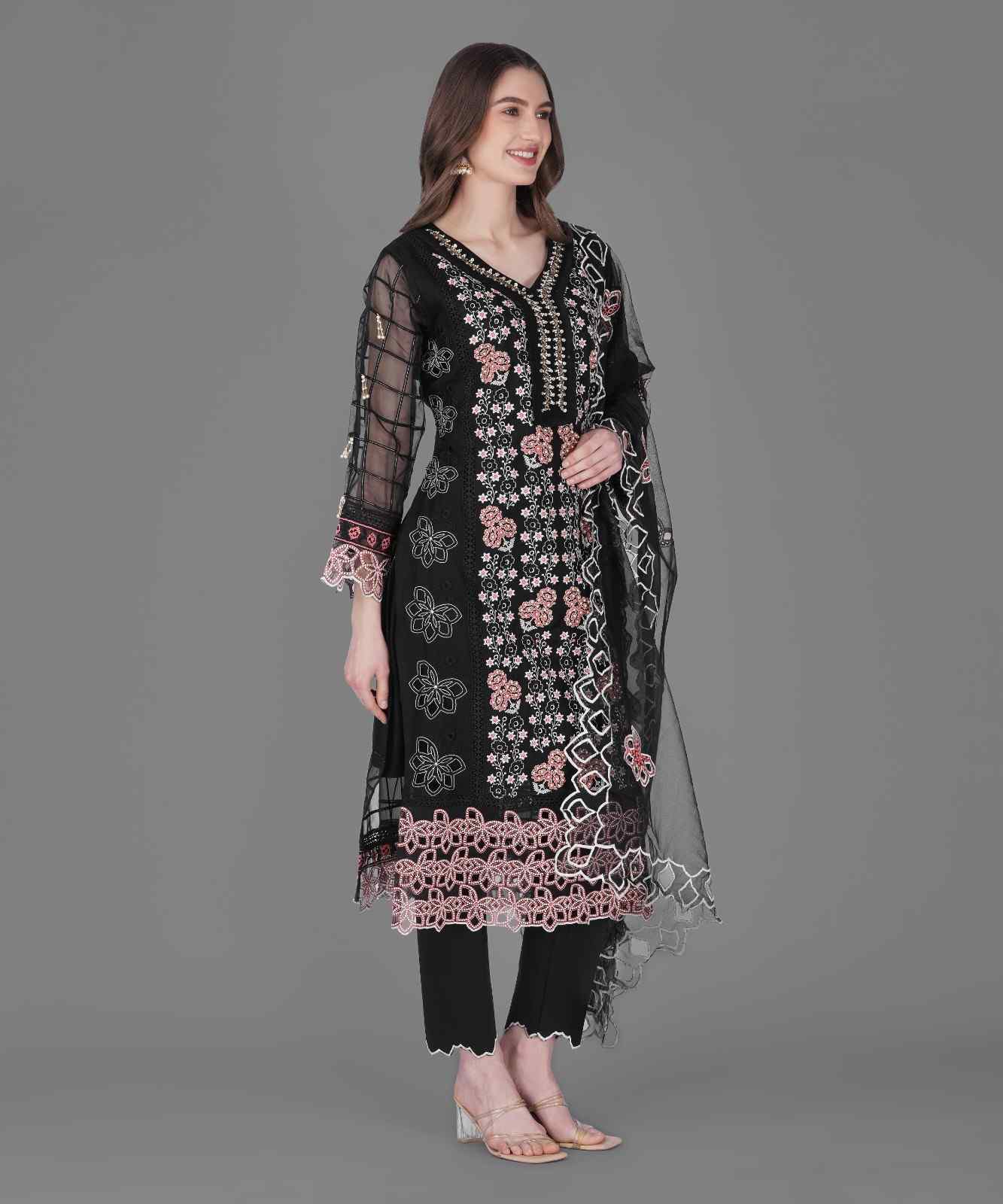 Black Floral Embroidered Kurta Set