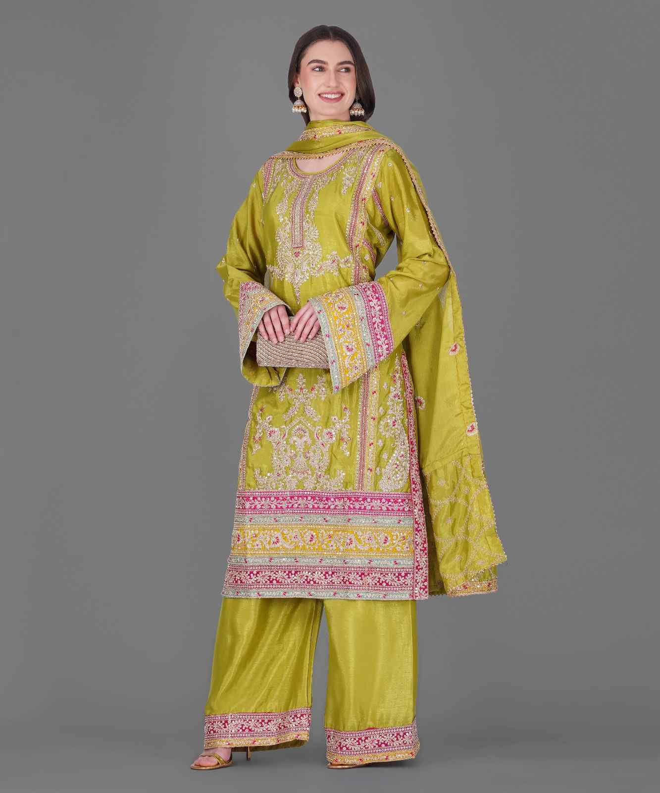 Olive Green Embroidered Kurta Set with Dupatta