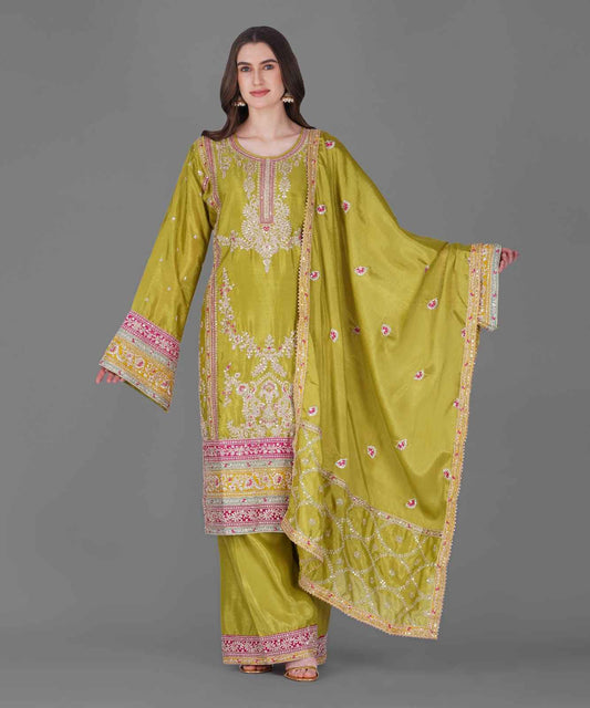 Olive Green Embroidered Kurta Set with Dupatta