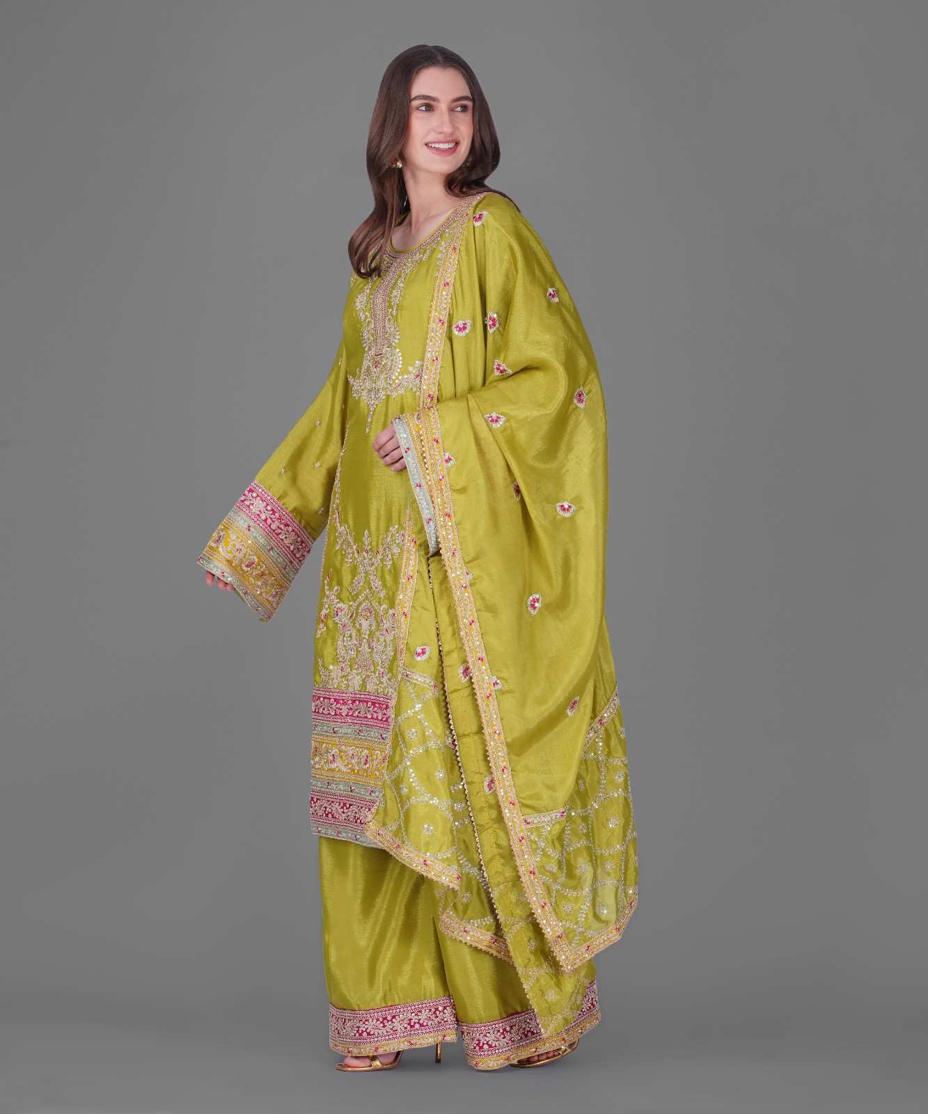 Olive Green Embroidered Kurta Set with Dupatta