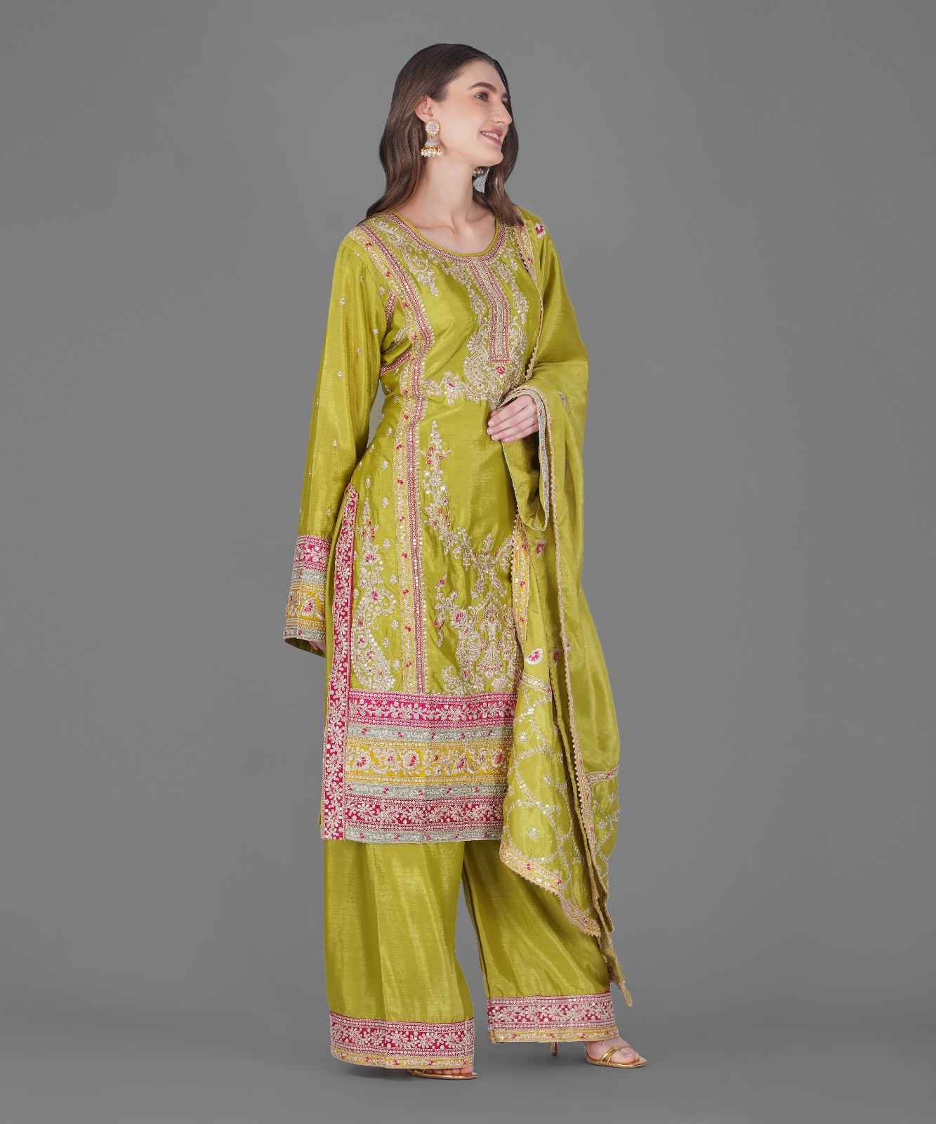 Olive Green Embroidered Kurta Set with Dupatta