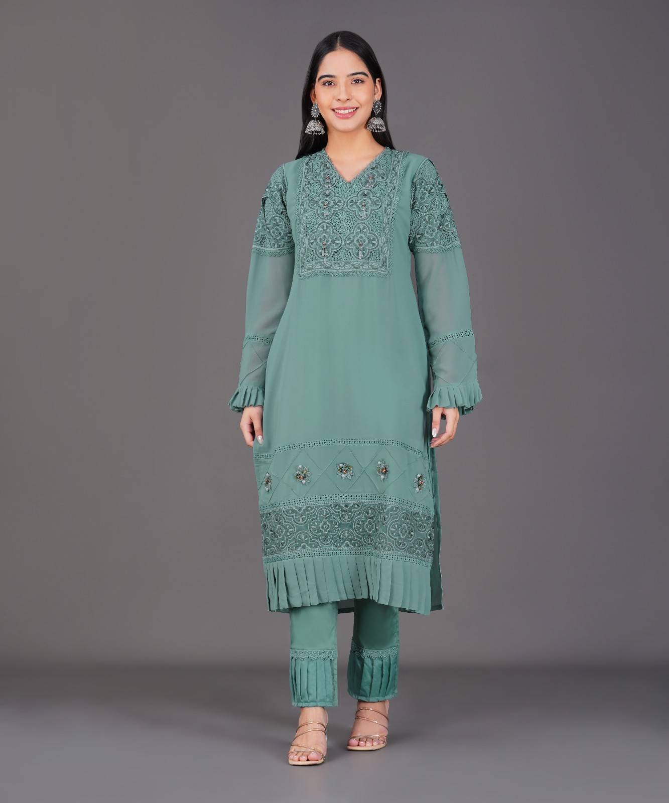 Rust &amp; Olive Embroidered Kurta Set