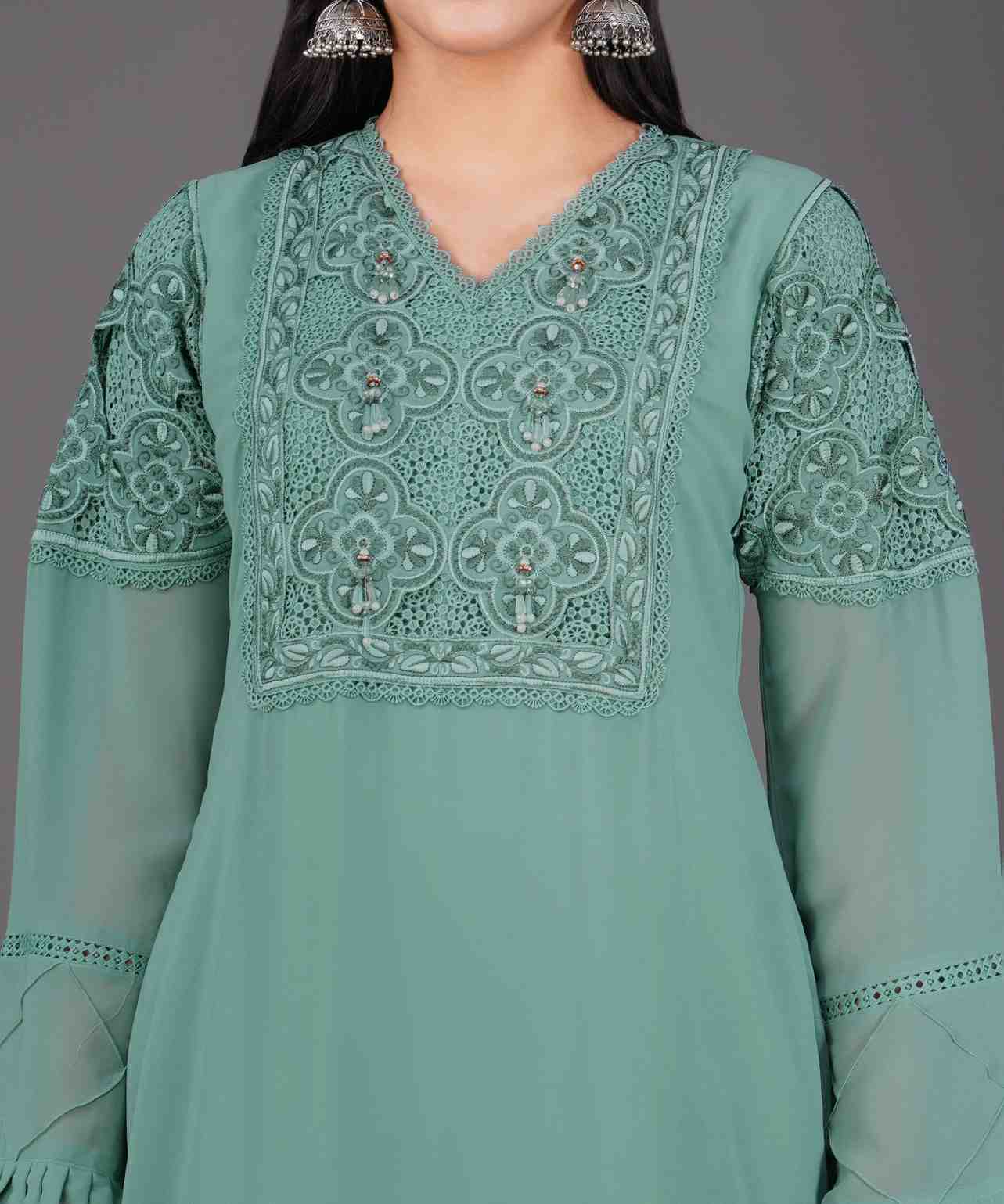Rust &amp; Olive Embroidered Kurta Set