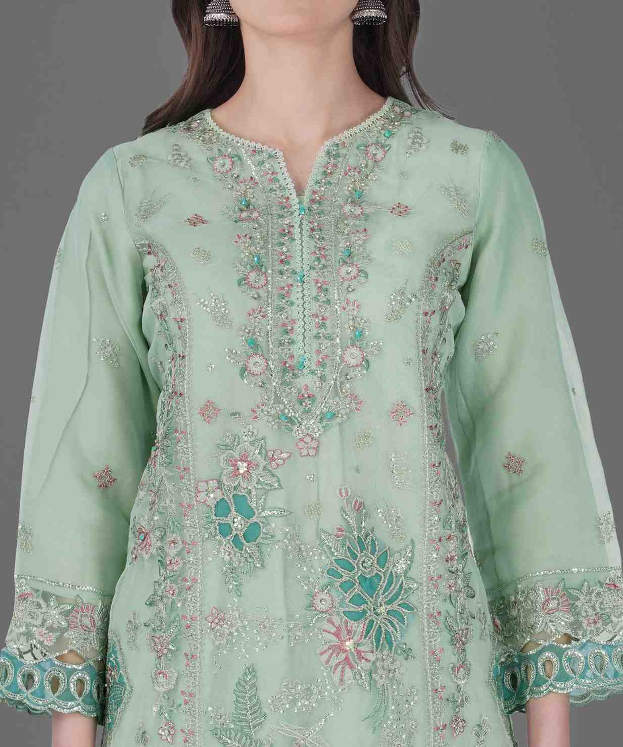 Mint Green Embroidered Kurta Set with Dupatta
