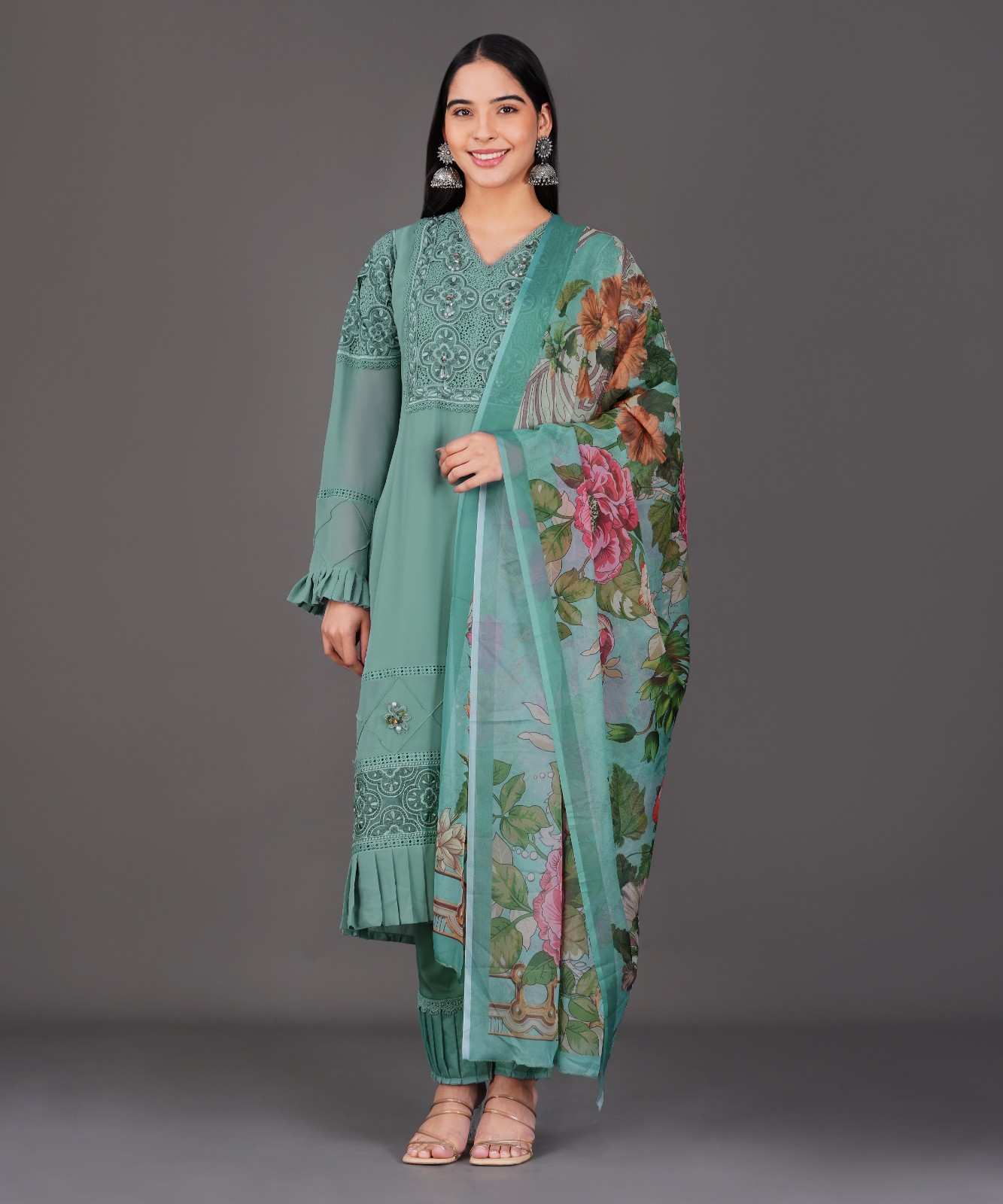 Rust &amp; Olive Embroidered Kurta Set
