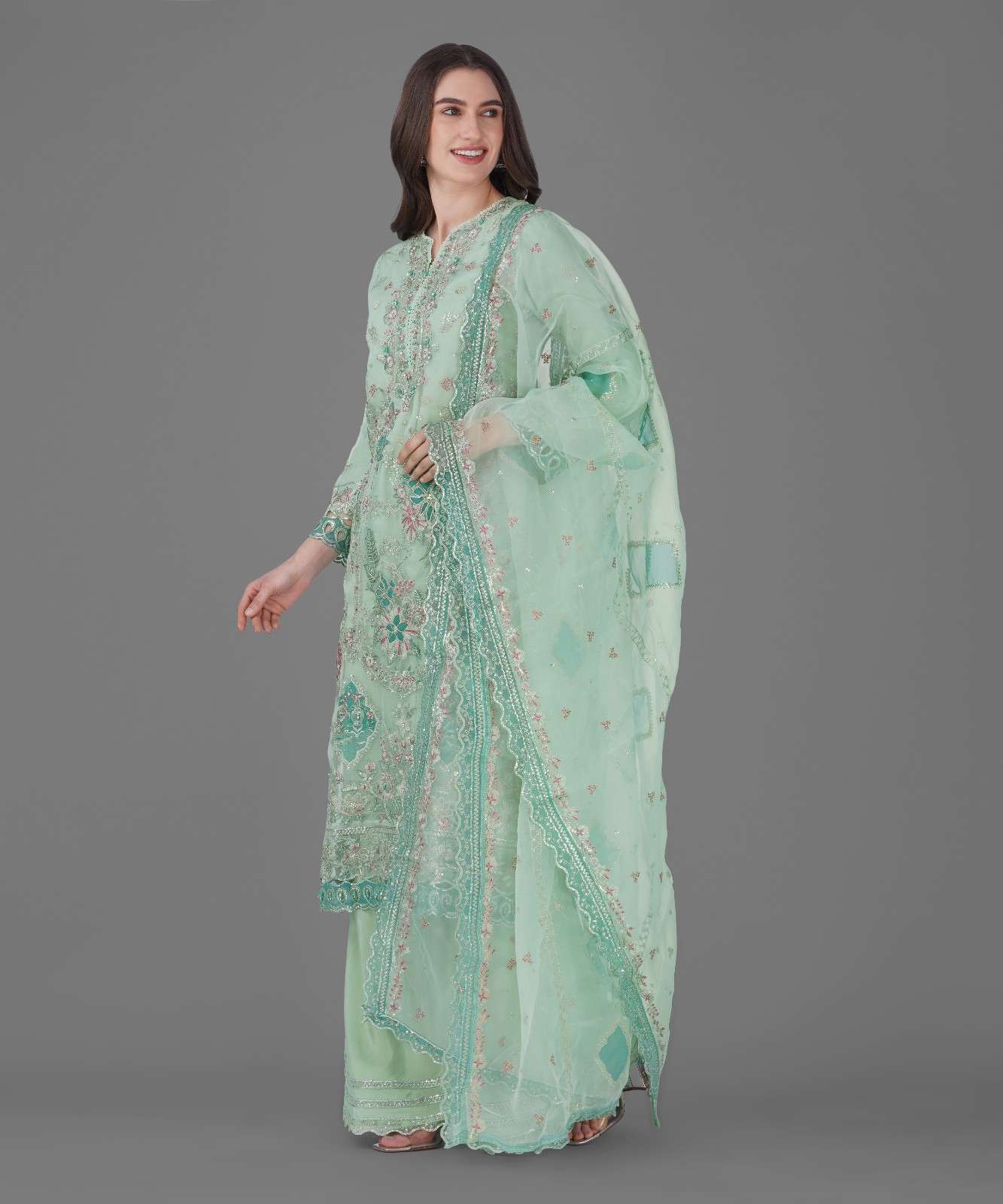 Mint Green Embroidered Kurta Set with Dupatta