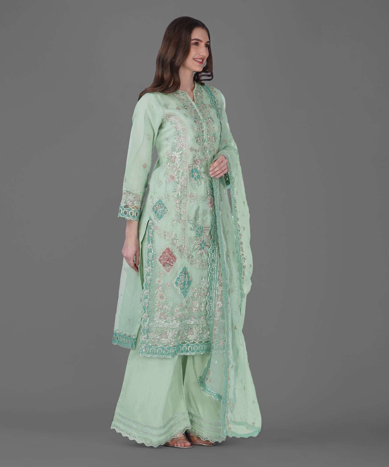 Mint Green Embroidered Kurta Set with Dupatta