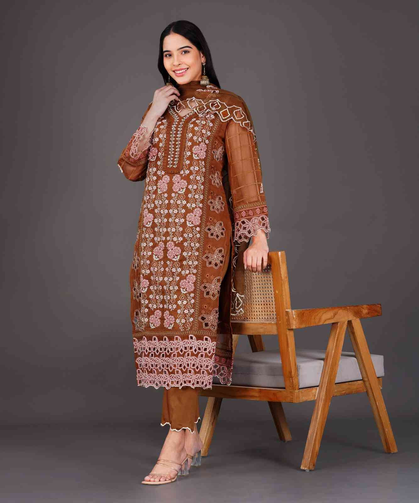 Rust Brown Embroidered Kurta Set