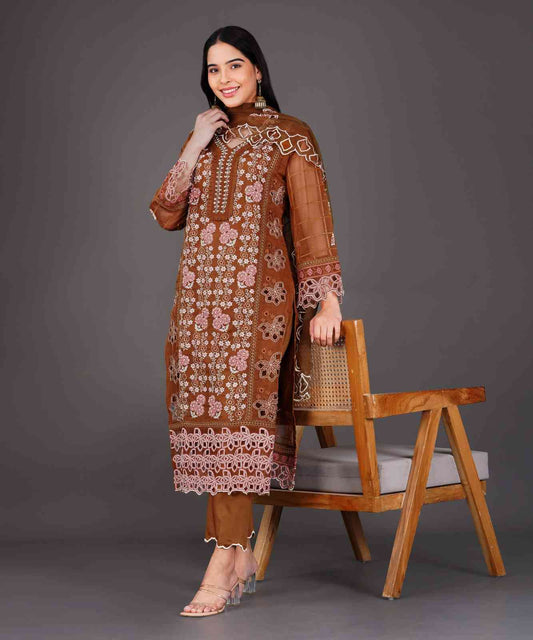 Rust Brown Embroidered Kurta Set