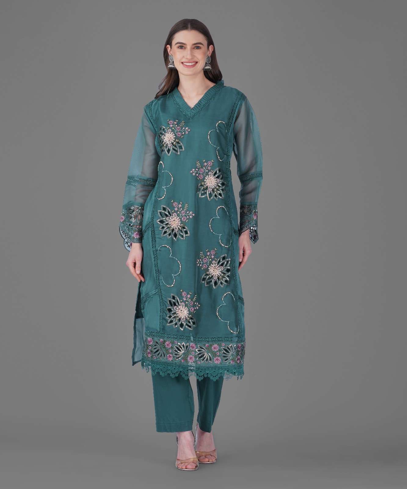 Teal Green Floral Embroidered Kurta Set