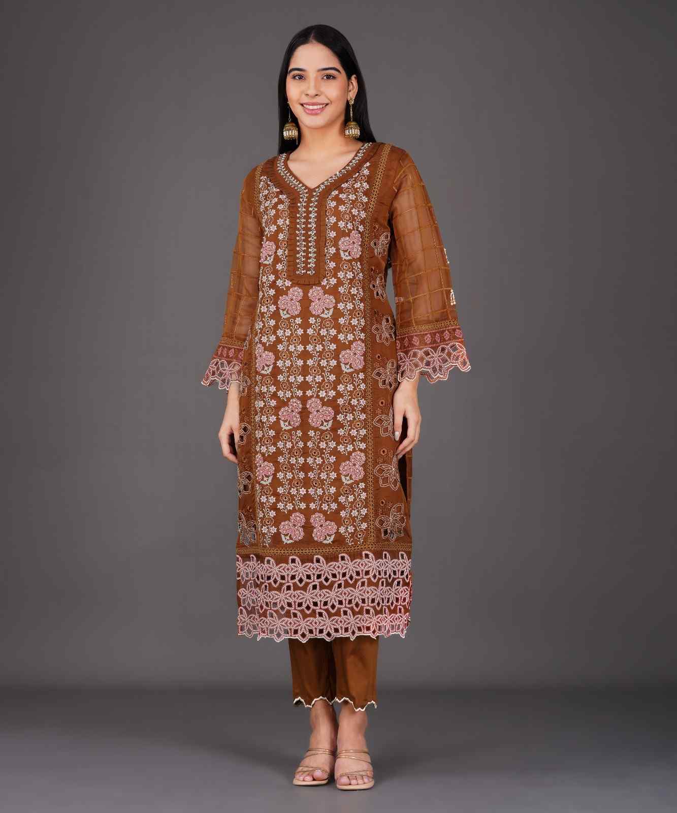 Rust Brown Embroidered Kurta Set