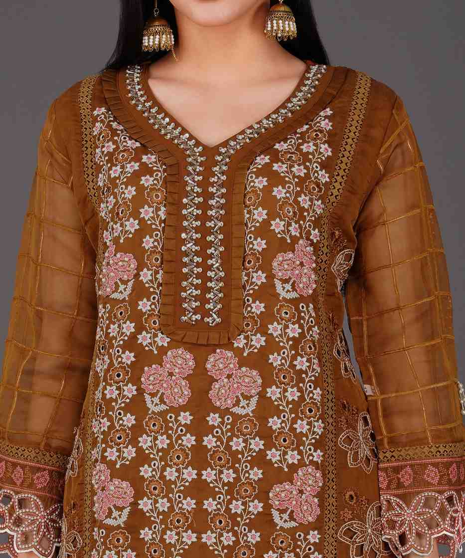 Rust Brown Embroidered Kurta Set
