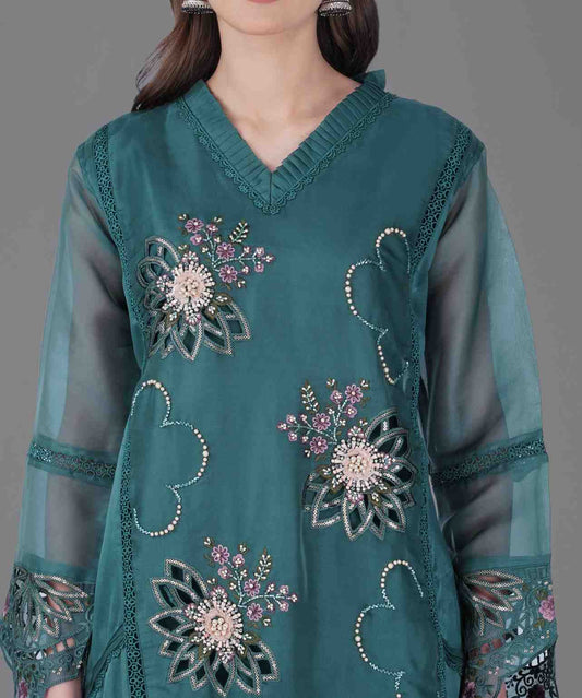 Teal Green Floral Embroidered Kurta Set