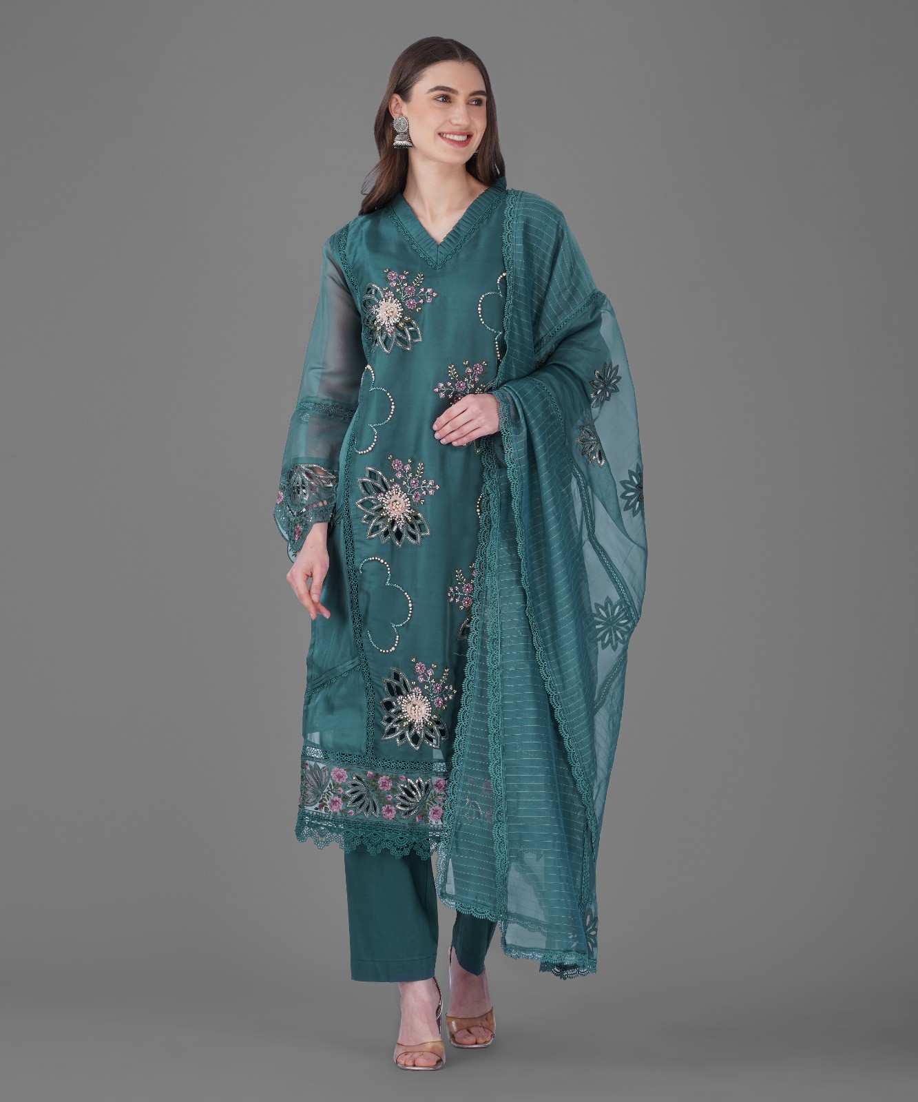 Teal Green Floral Embroidered Kurta Set
