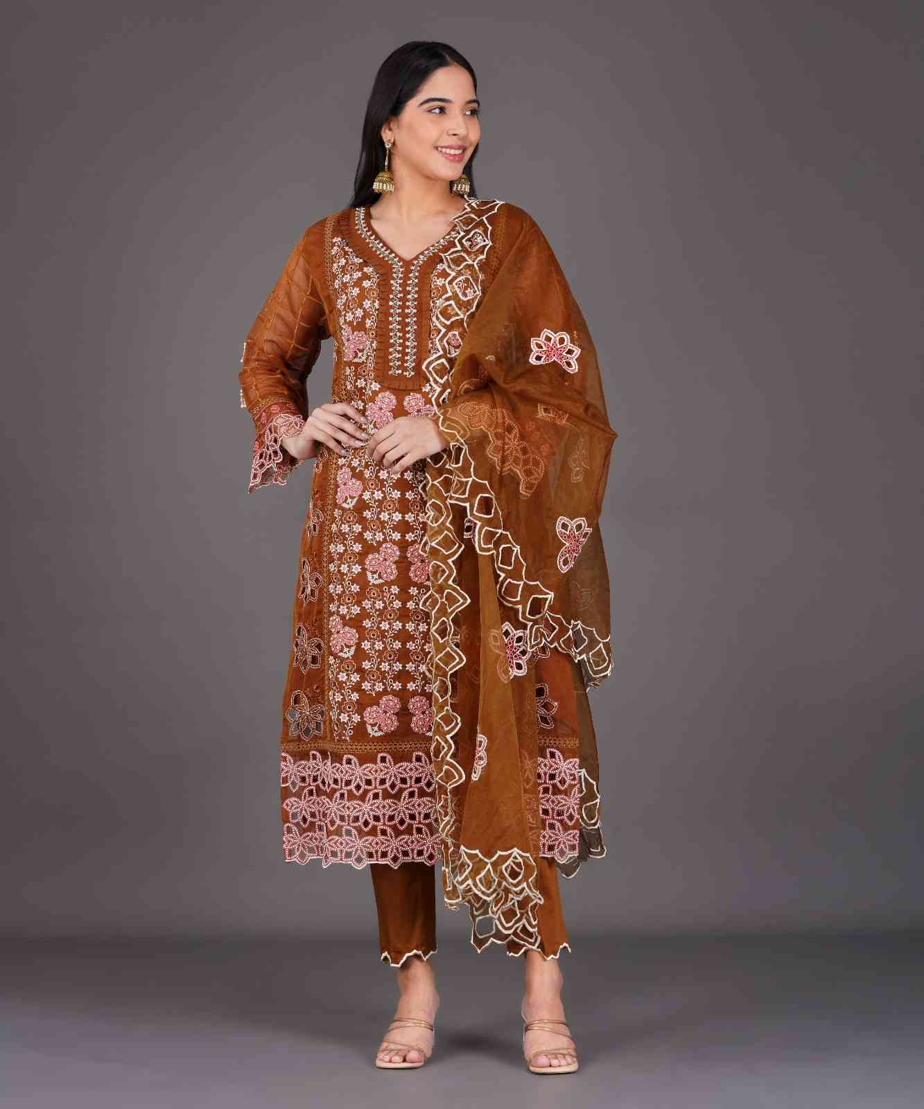 Rust Brown Embroidered Kurta Set