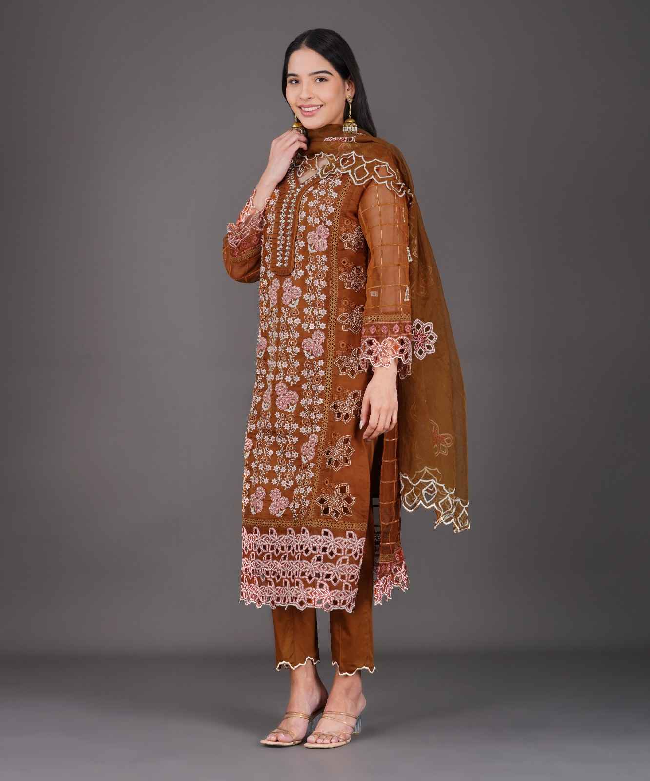 Rust Brown Embroidered Kurta Set