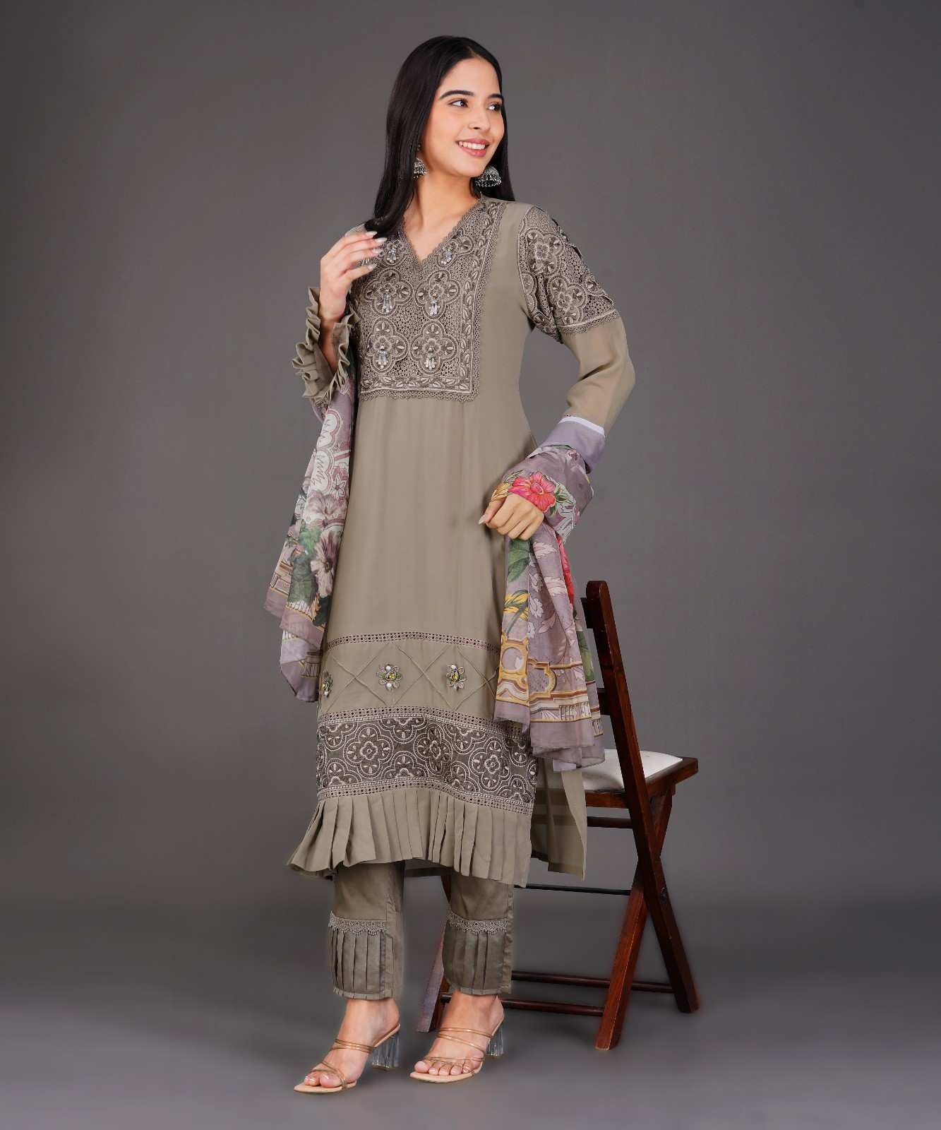 Taupe Embroidered Kurta Set