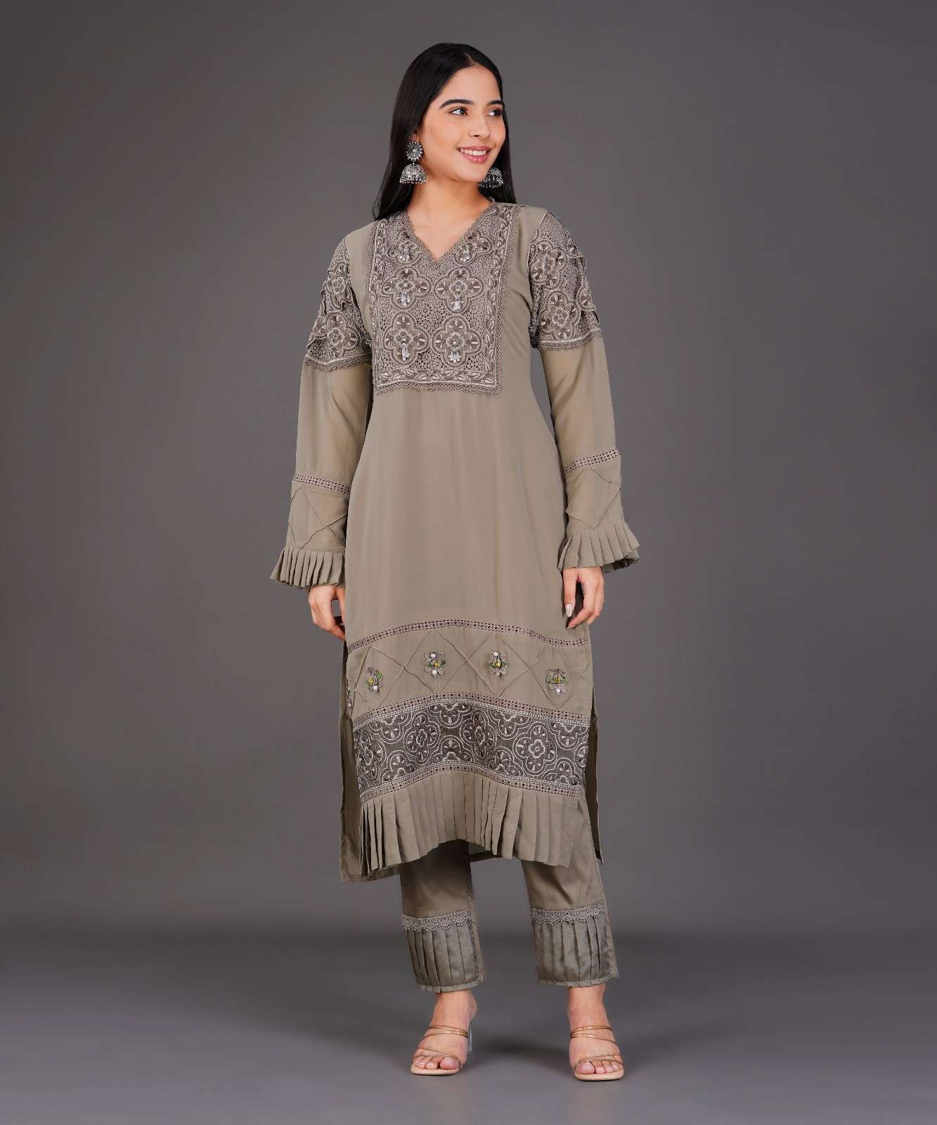 Taupe Embroidered Kurta Set