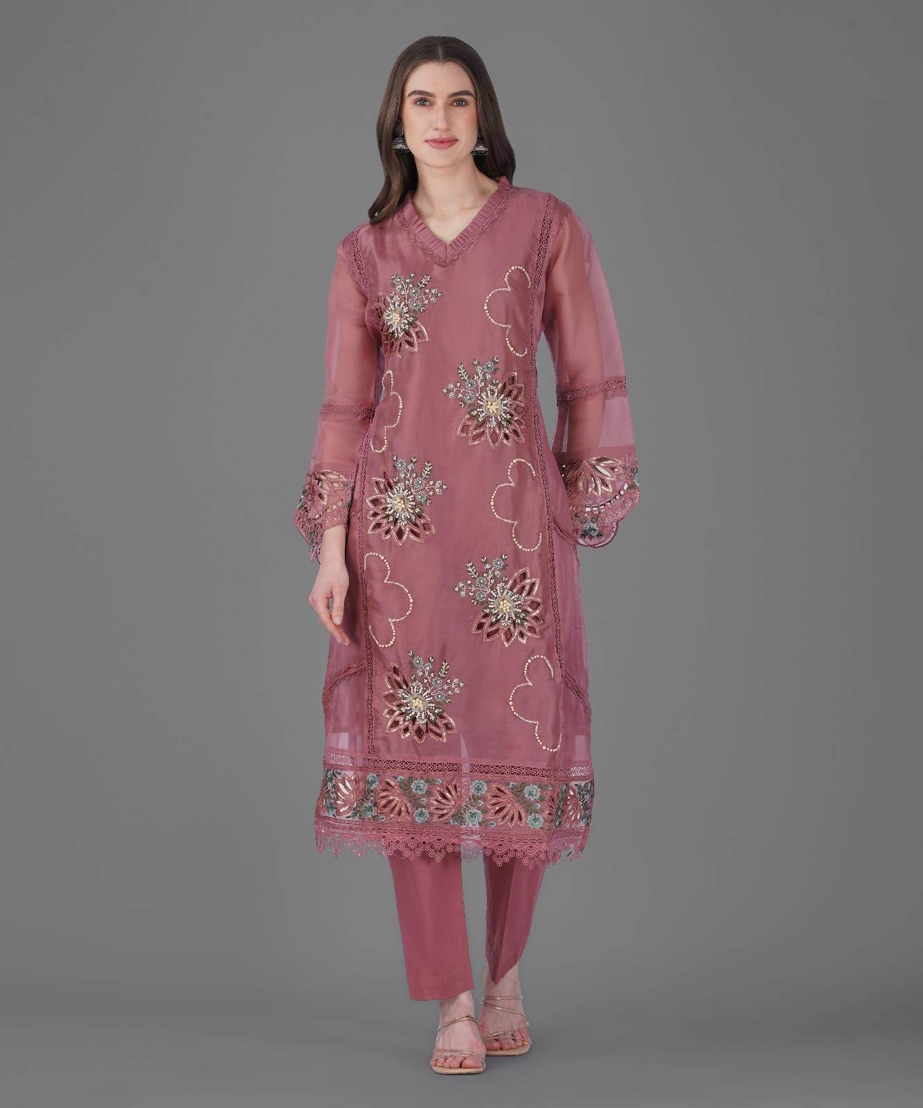 Dusty Rose Embroidered Kurta Set with Dupatta