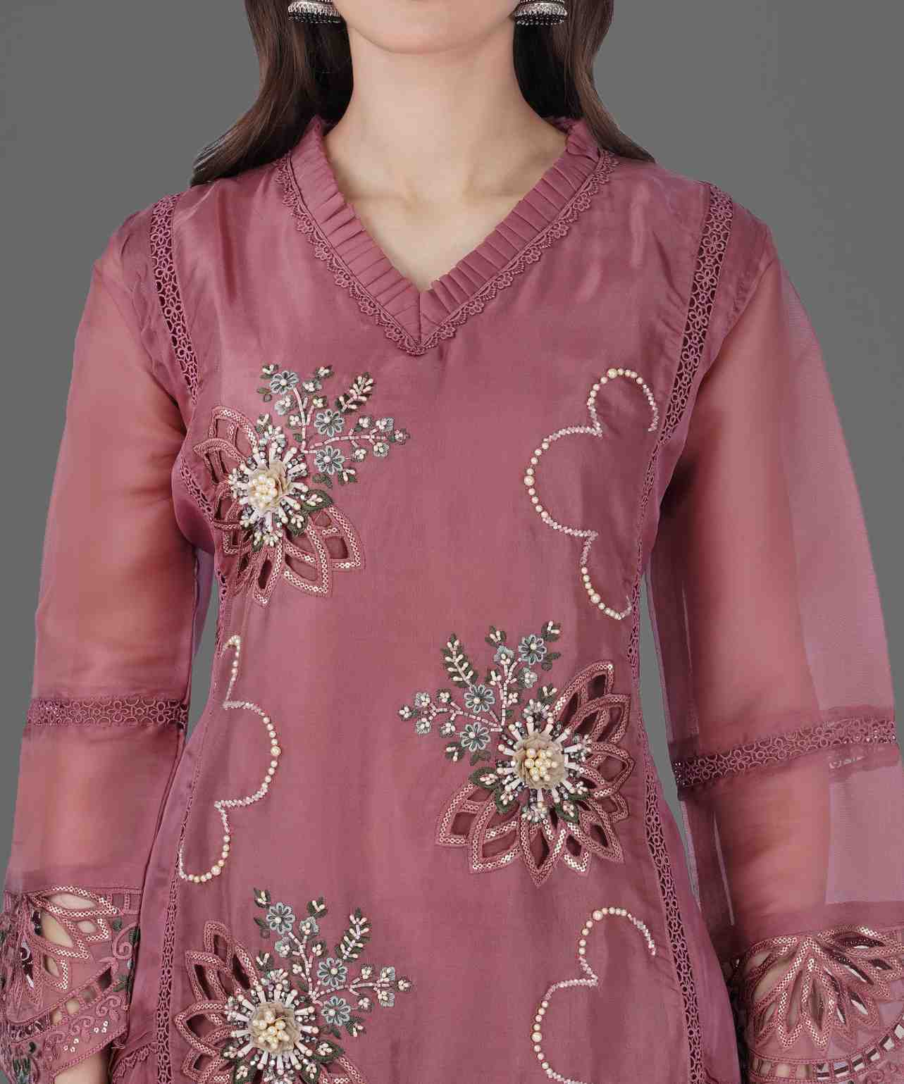 Dusty Rose Embroidered Kurta Set with Dupatta