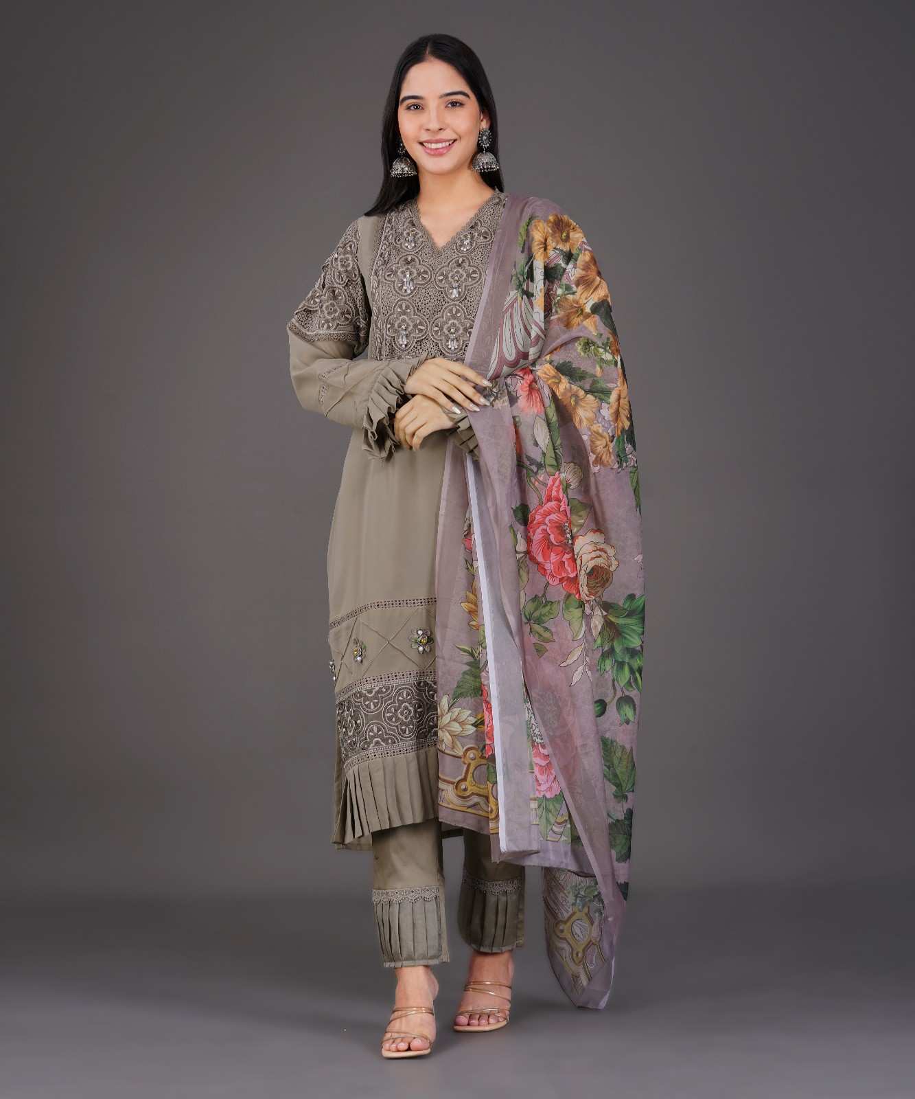 Taupe Embroidered Kurta Set