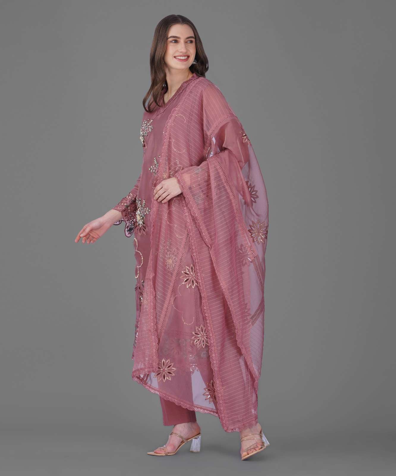 Dusty Rose Embroidered Kurta Set with Dupatta