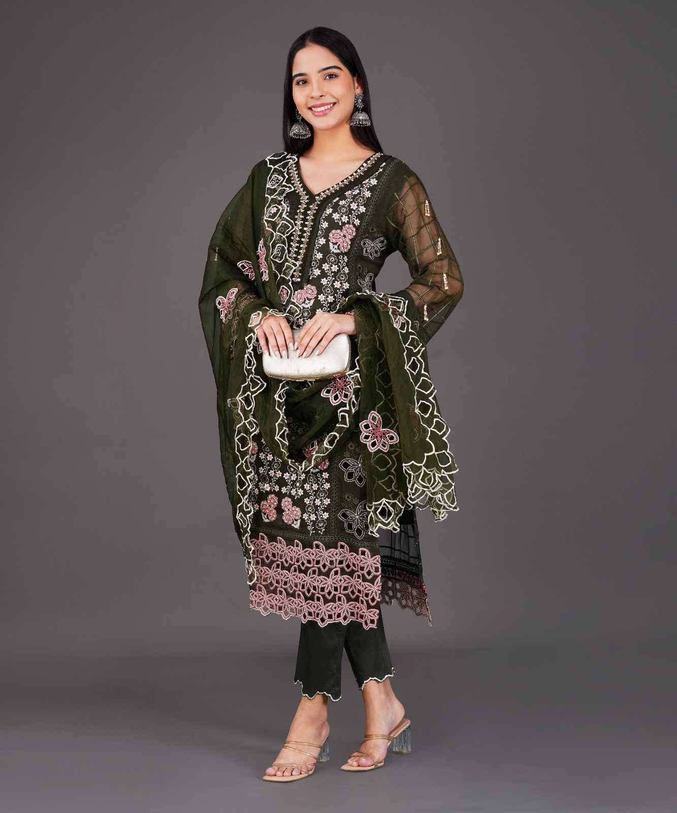 Olive Green Embroidered Kurta Set