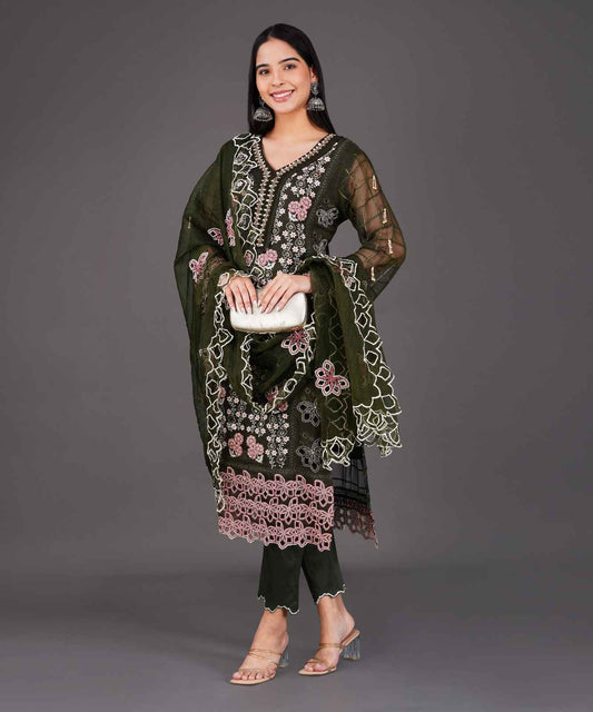 Olive Green Embroidered Kurta Set