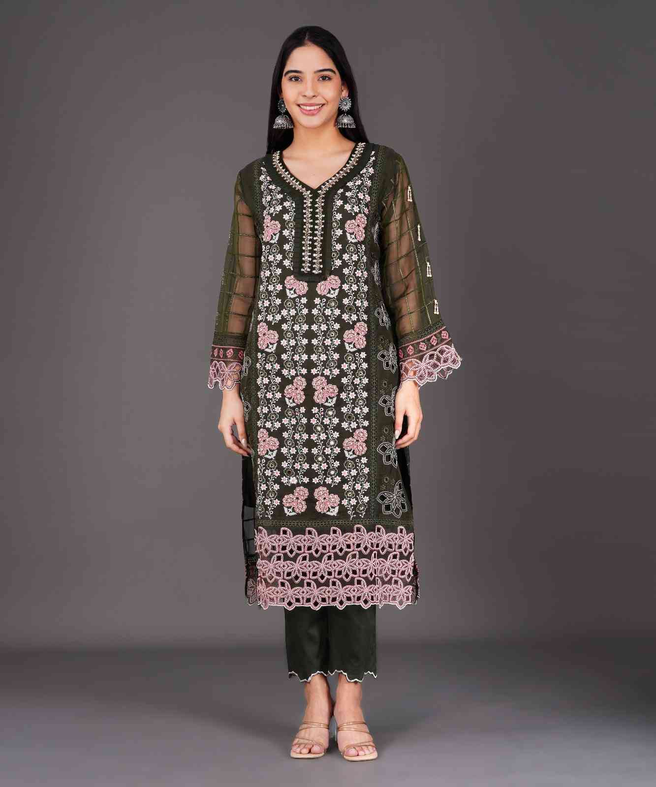 Olive Green Embroidered Kurta Set