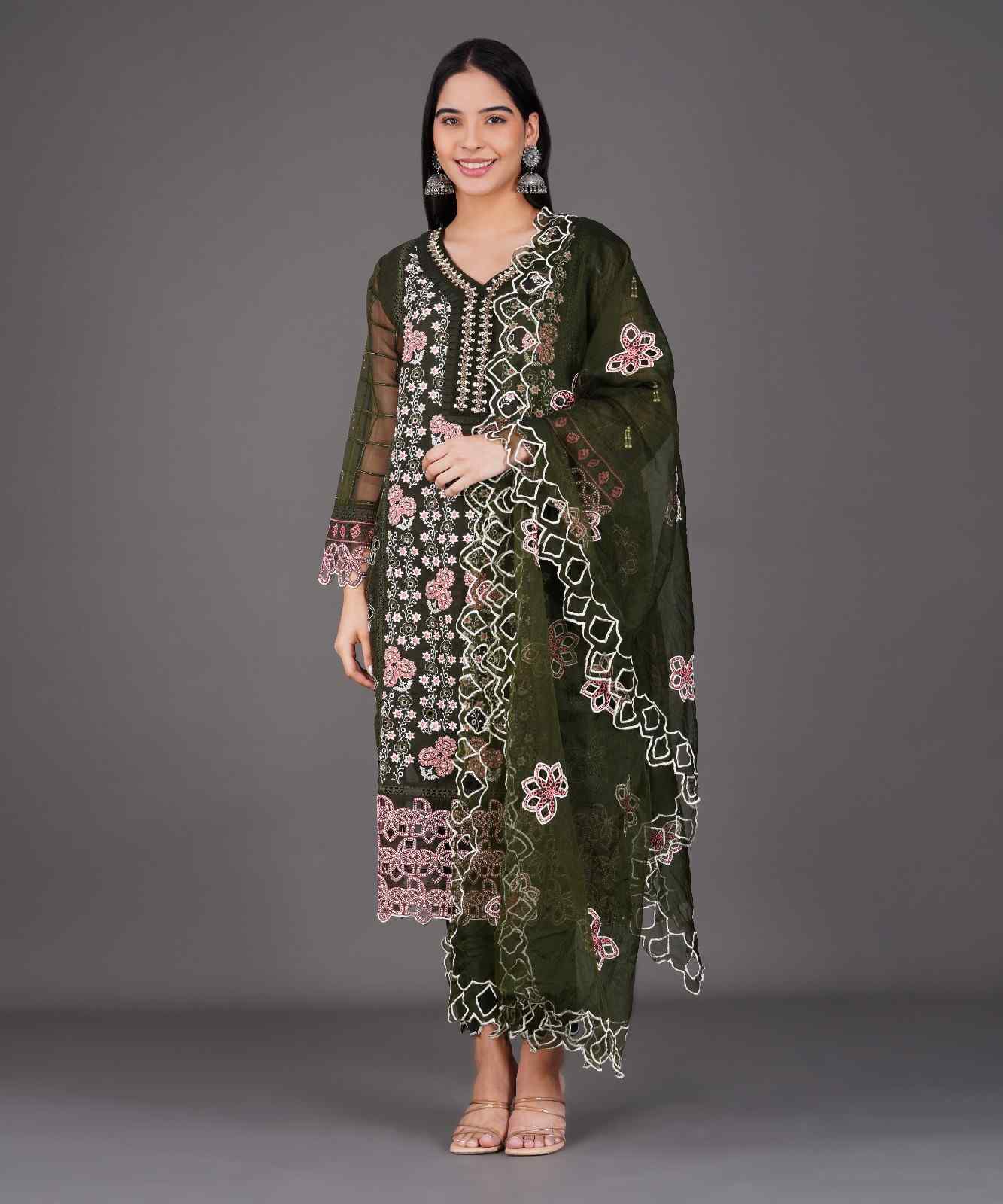 Olive Green Embroidered Kurta Set