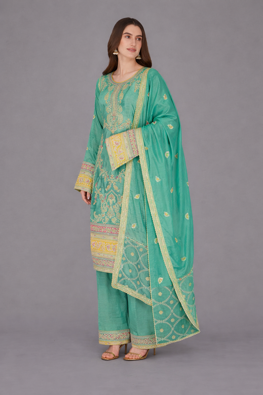 Aqua Green Embroidered kurta Set with Dupatta